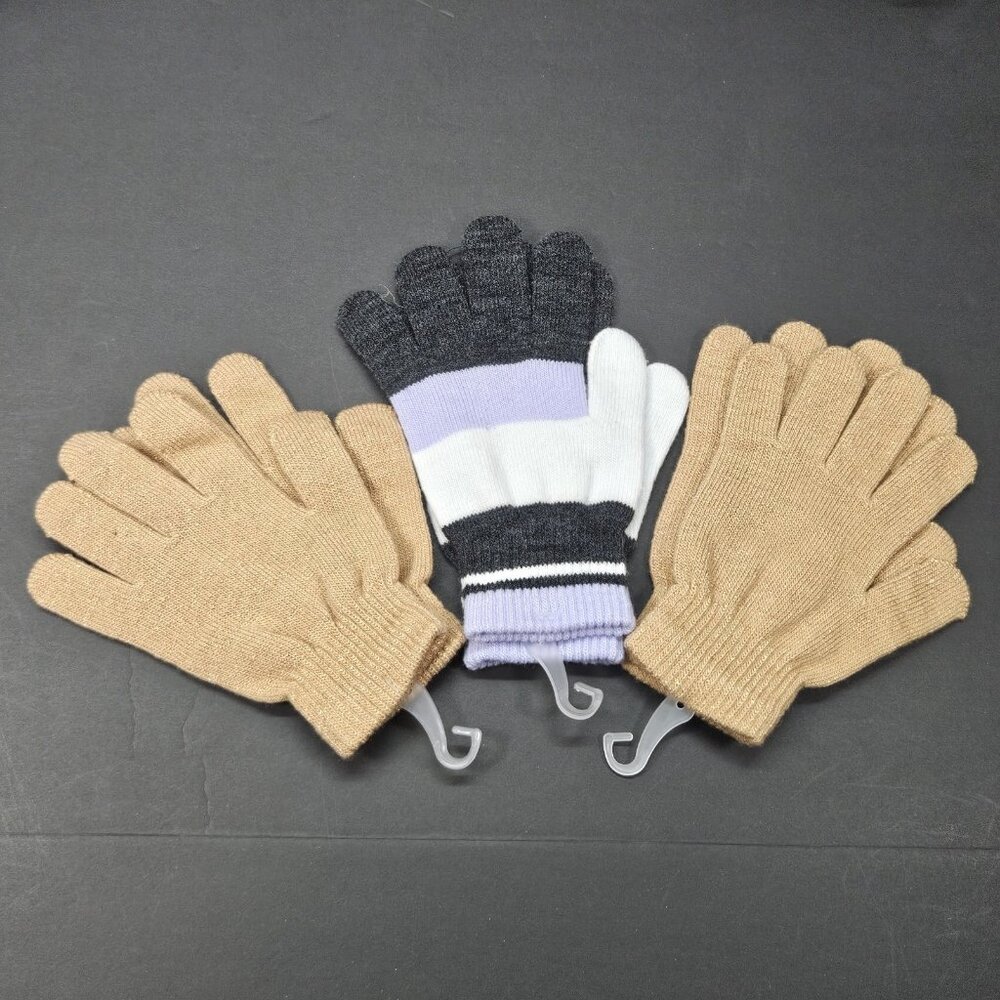 Youth Gloves Bundle Of 3 One Size Girls 2 Golden Tan Sparkling 1 Striped Multi - Picture 2 of 9